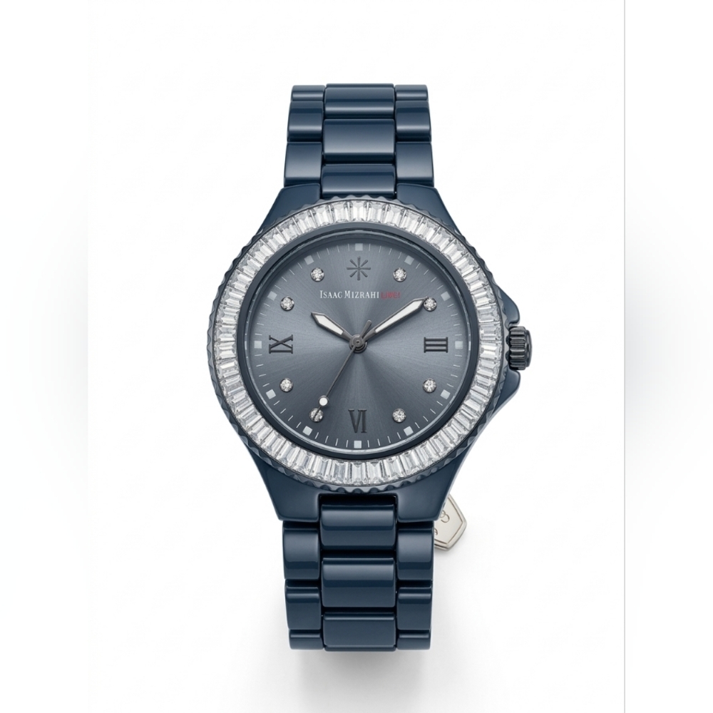 Isaac Mizrahi Live! Baguette Crystal Bezel Ceramic Link Watch